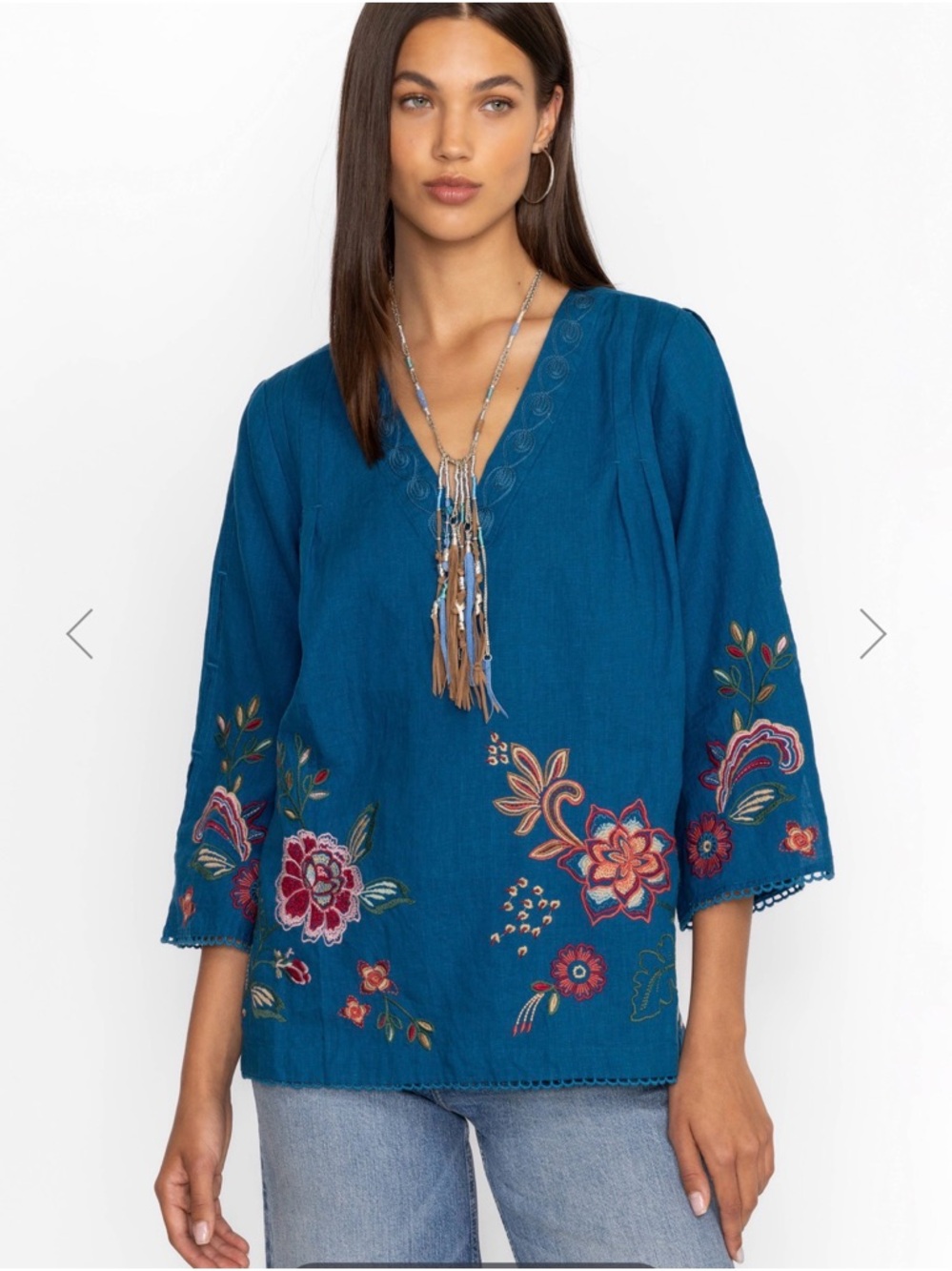 Johnny Was Messine Teal Embroidered V-Neck Tunic 100% linen